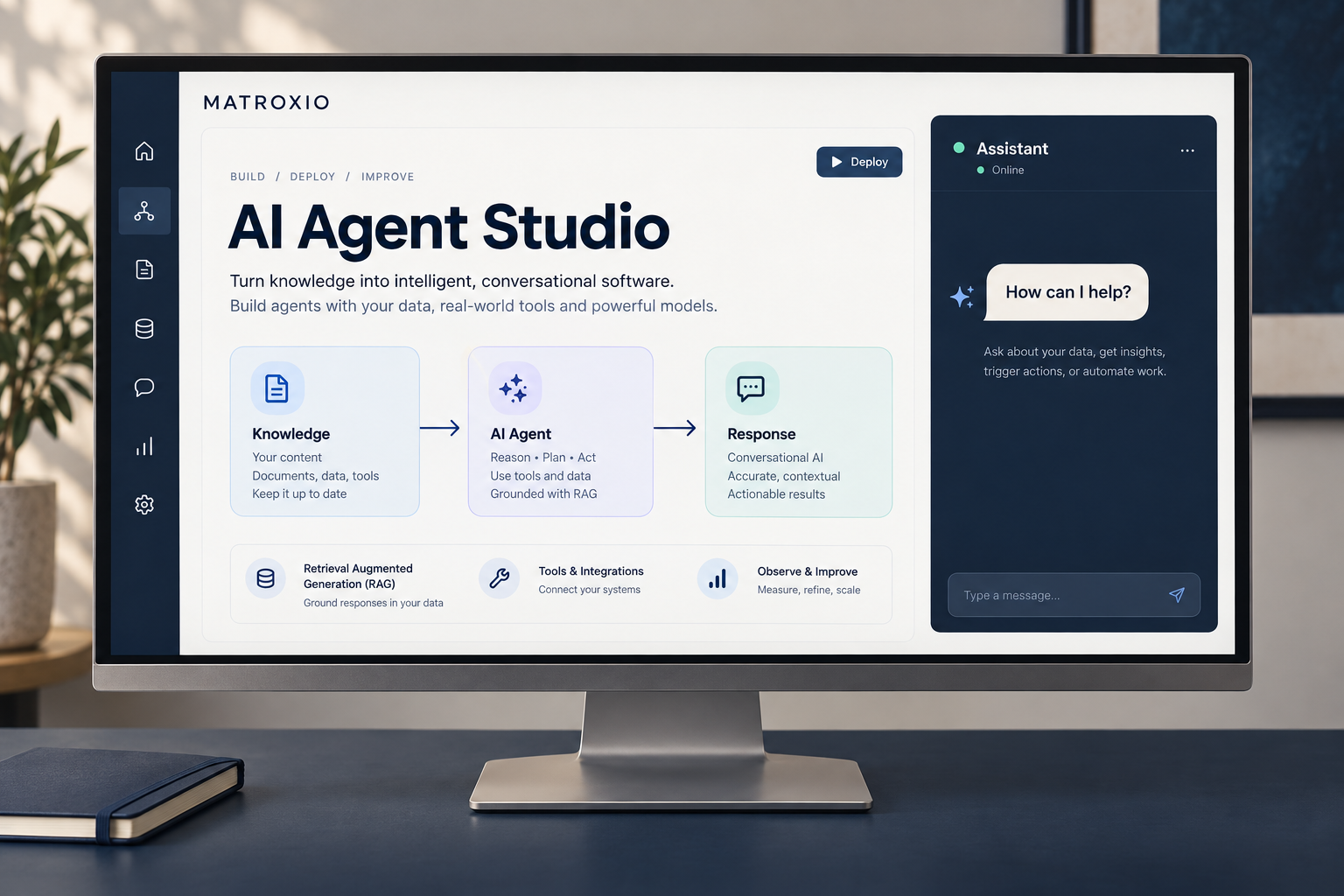 Matroxio AI development illustration showing an agent workflow, knowledge integration, and an assistant preview