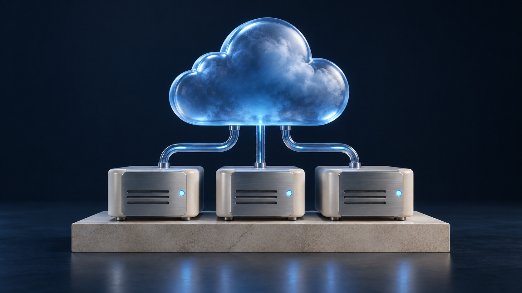 Cloud infrastructure illustration with a blue glass cloud connected to three server nodes
