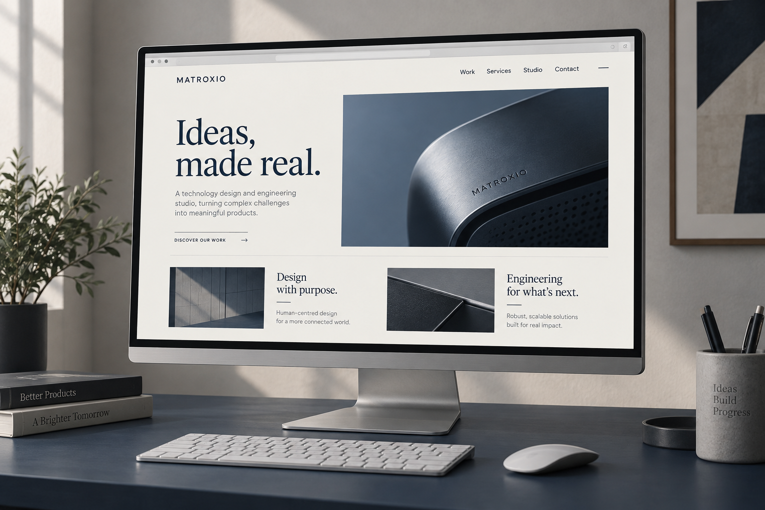 Matroxio web design concept on a brushed aluminum desktop monitor
